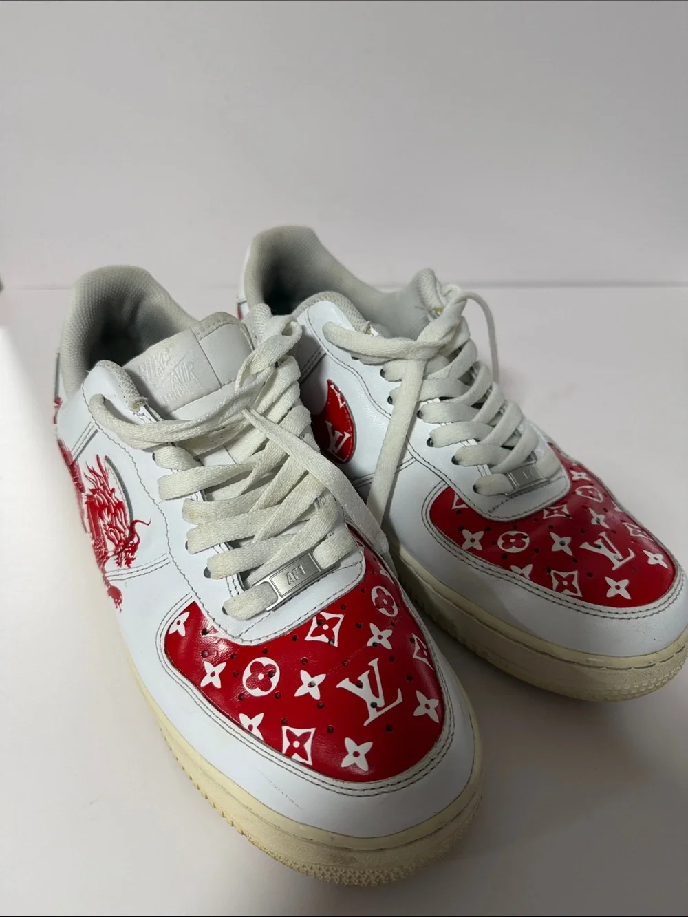 Custom AirForce 1 Nike Air Louis Vuitton White and Red Men's Athletic Sneakers